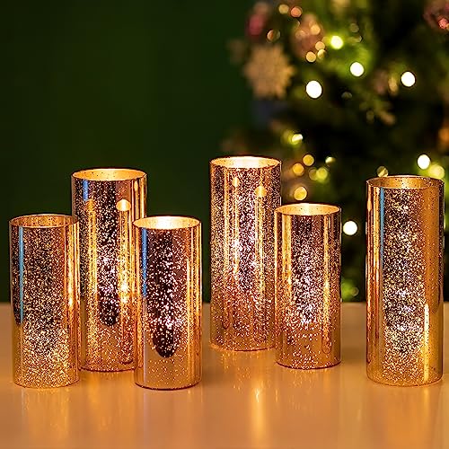 Glasseam Mercury Gold Candle Holders, Set of 6 Glass Hurricane Candle Holder, Glitter Pillar Candle Holder for Table, Mode...