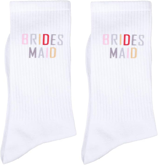 Tucnoeu 2 Pairs Bridesmaid Gifts, White Brides Maid Socks, Embroidered Socks for Women, Soft Cotton Bridal Sock