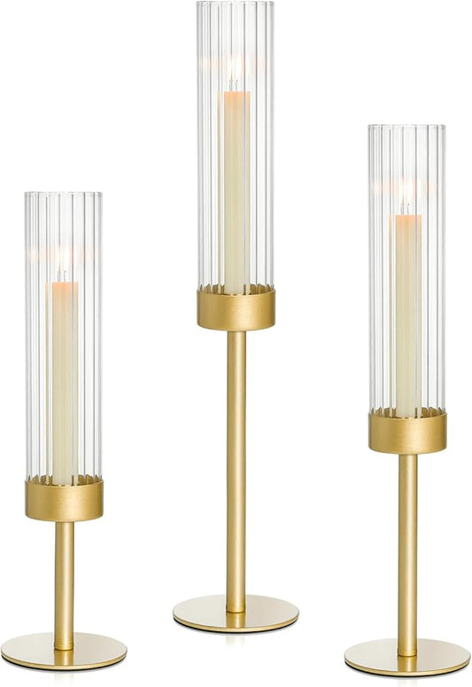 Turvono Gold Hurricane Candle Holders Set of 3, Brass Taper Candle Holders for Candlesticks, Elegant Tall Candle Sticks Ho...
