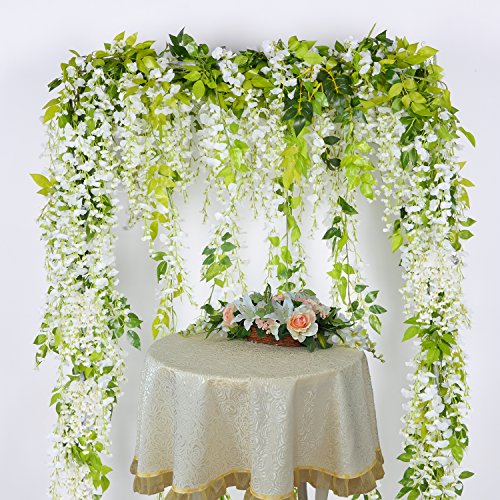 Lvydec Wisteria Artificial Flowers Garland, 4Pcs Total 28.8ft White Artificial Wisteria Vine Silk Hanging Flower for Home ...