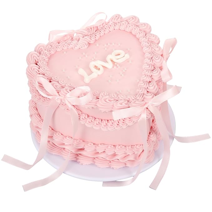 7 Inch Pink Bow Fake Cake, Heart Shaped Artificial Birthday Cake with Pearls and Love Word, Faux Bakery Display Cake Model...