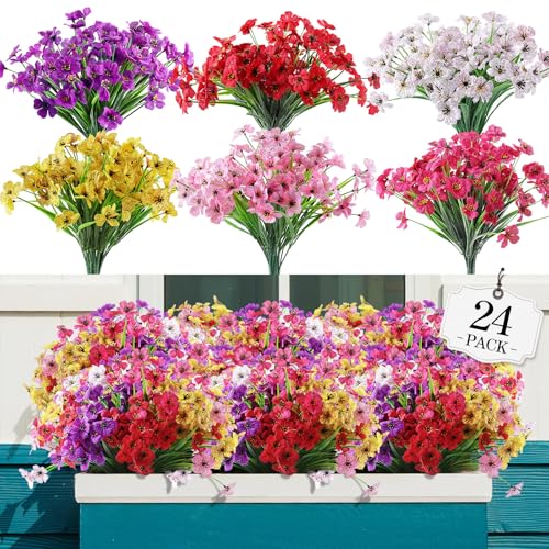AGIRL 24 Bundles Artificial Flowers for Outdoor,No Fade Fake Plastic Flowers Faux Plants for Decoration Hanging Planters I...
