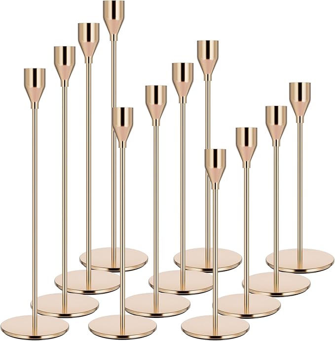 Pink Gold Candle Holders Set of 12 - Candlestick Holders for Taper Candles - Metal Material & Modern Decorative - Fits 3/4...
