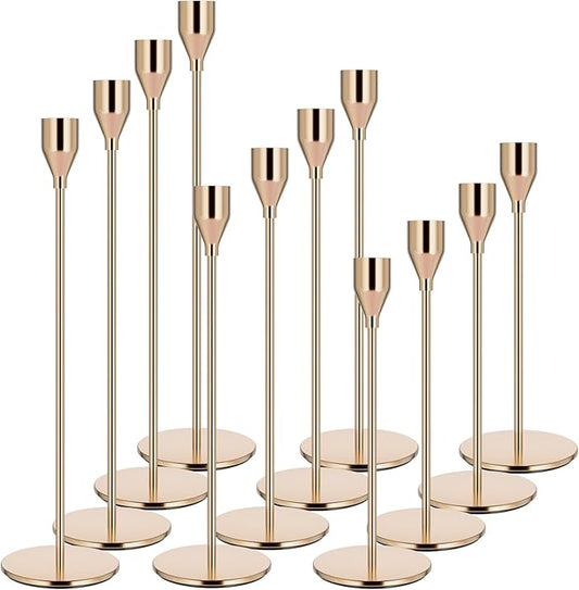 Pink Gold Candle Holders Set of 12 - Candlestick Holders for Taper Candles - Metal Material & Modern Decorative - Fits 3/4...