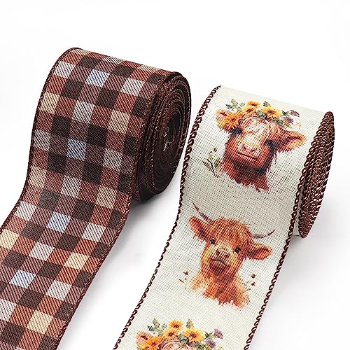 Estivaux 2 Rolls Alpine Cattle Ribbons for Crafting, Fall Wired Edge Ribbon Natural Buffalo Plaid Ribbon Bow Autumn Calf F...