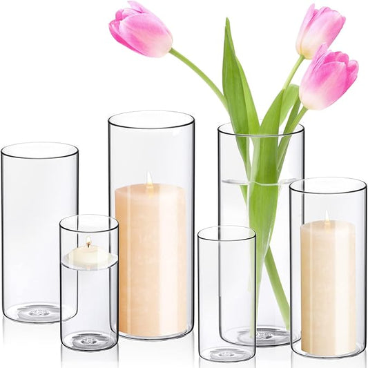 WDHODEC Cylinder Flower Vases 6PCS, Hurricane Candle Holders Pillar Votives Floating Candles Holder, Clear Glass Vase for ...