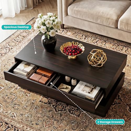 Coffee Table for Living Room, Modern Coffee Table with 2 Storage Drawers, 2 Tier Center Table Wood Coffee Tables with 20 C...