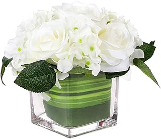 Fule Artificial Silk Rose Flower Centerpiece Arrangement in vase for Home Wedding Decoration (White)