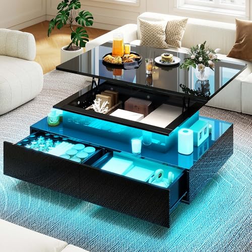 DWVO LED Lift Top Coffee Tables for Living Room, Rectangular Coffee Table with 4 Spacious Drawers, Modern Center Table wit...