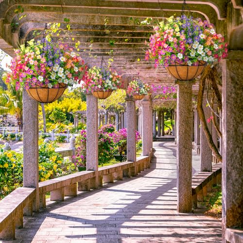 Ouddy Decor Artificial Hanging Flowers with Basket, Faux Silk Flowers in Coconut Lining Basket, Spring Summer Outdoor Deco...