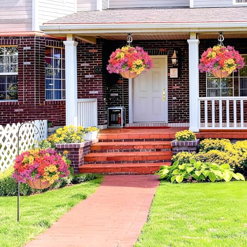 secqous 2 Set Artificial Hanging Flowers with Basket for Outdoor Spring Summer Decor - 24 Pcs Realistic UV-Resistant Silk ...