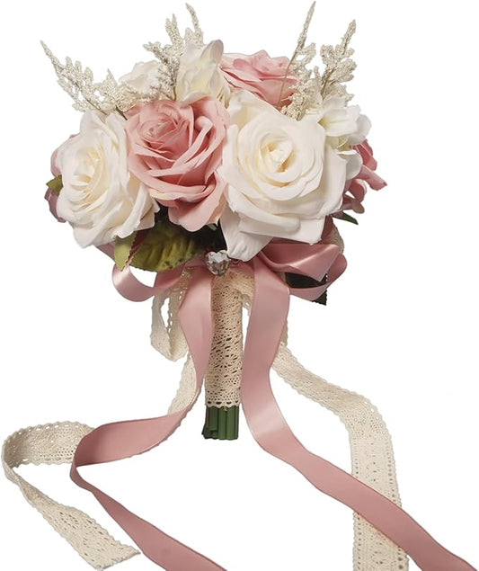 LEIFENY Wedding Bouquets for Bride, Champagne White & Pink Bridal Bridesmaid Wedding Flowers, Artificial Toss Rose for Civ...