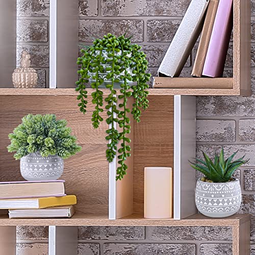 Winlyn 3 Pcs Assorted Small Potted Succulent Plants Artificial Aloe Hops String of Pearls Succulents in Gray Geometric Con...