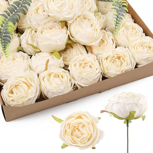 IPOPU White Roses Artificial Flowers Heads Bulk, 25pcs Vintage Dried Flowers Artificial Rose Heads Silk Fake Rose for Wedd...