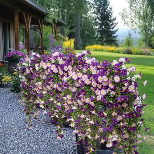 Lcuasc 2Pcs Outdoor Faux Hanging Flowers Artificial Morning Glory with Eucalyptus Leaves UV Resistant Look Real Fake Plant...