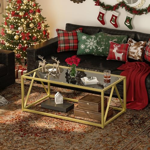 HOOBRO Glass Coffee Table, Gold Coffee Tables for Living Room, Gold Glass Coffee Table,1 Layer Center Table, Modern, for A...