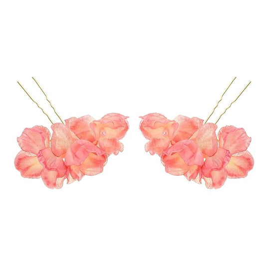 LOORGVEL 1 Pair Hanfu Flower Hair Pins with Embroidered Silk Flowers and Pearls, Gradient Pink Purple Floral Hair Accessor...