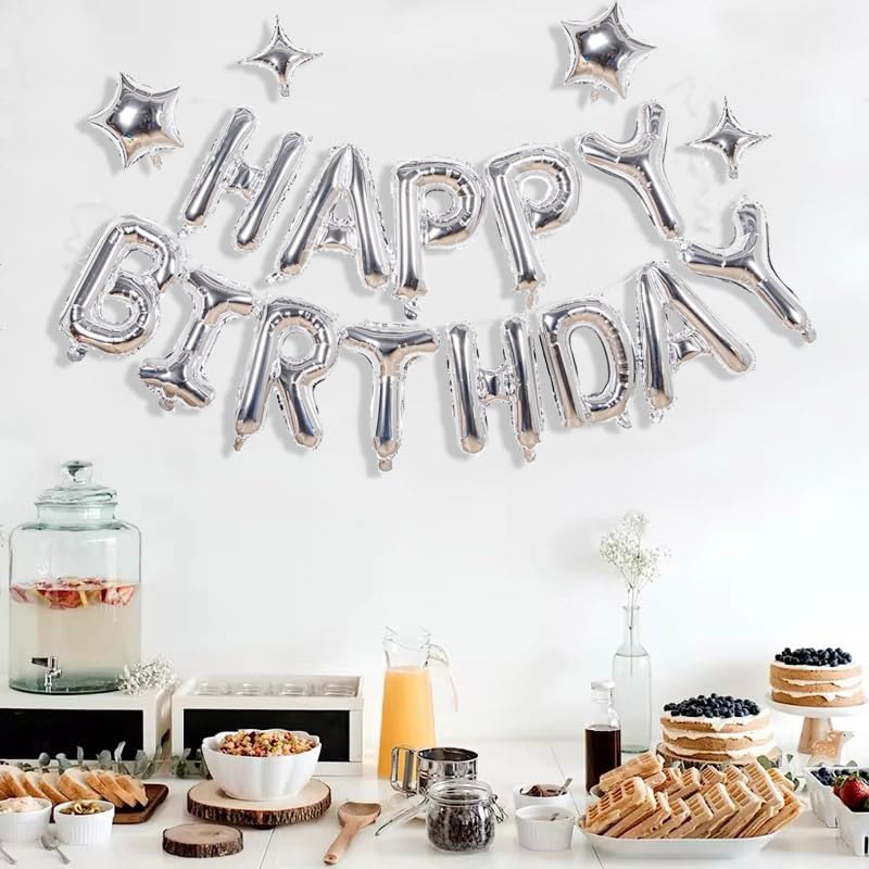 Silver Happy Birthday Banner Balloon Aluminum Foil 16 Inch Letter,10 Inch Five Pointed Star Four Pointed Star Suitable for...