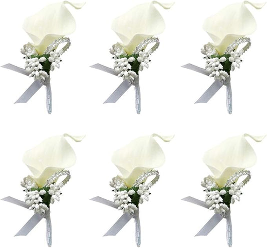 ChezMax Calla Lily White Boutonniere Handmade Silk Flower with Ribbon Corsage for Bride Groom Wedding Party 6 Packs