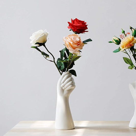 9 Inch Modern Art Ceramic Flower Vase Hand Holding Plants Flower Container, Tabletop White Arm vase for Home Office Decora...