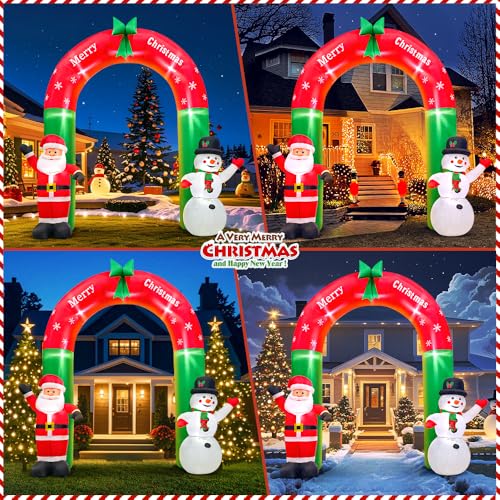 KOOY 8FT Christmas Inflatable Santa Snowman Arch Outdoor Decorations Blow up Yard Decoration,LED Lights for Christmas Part...
