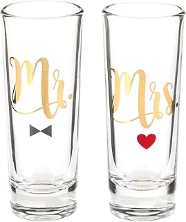 BLUE PANDA Mr & Mrs Shot Glasses - 2-Pack Clear 2 Oz Stemless - Bride & Groom Shot Glasses Set