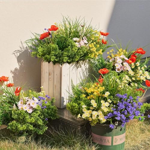 Clycaloor 23Pcs Outdoor Artificial Boxwood UV Resistant Fake Stems Plants, Faux Plastic Greenery for Indoor Outside Hangin...