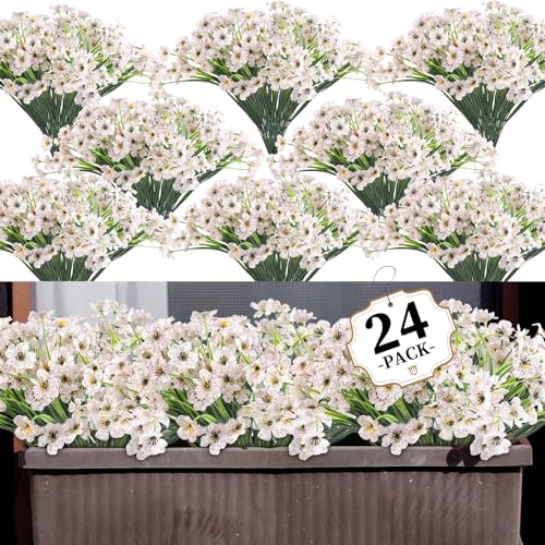 ColoPlay 24 White Bundles Artificial Flowers for Outdoors/Indoors Fake Flowers Plants for Indoor Outside Garden Porch Wind...