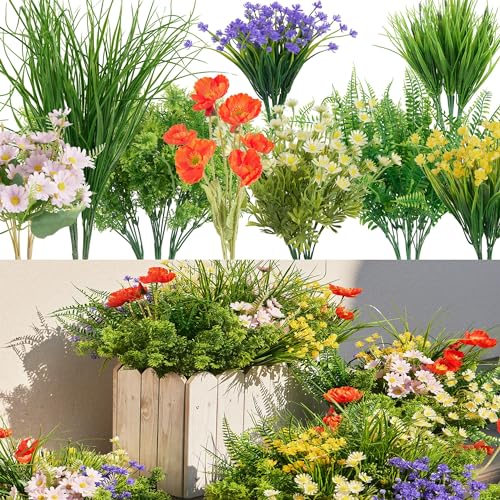 Clycaloor 23Pcs Outdoor Artificial Boxwood UV Resistant Fake Stems Plants, Faux Plastic Greenery for Indoor Outside Hangin...