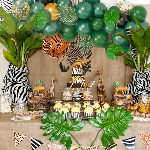 Amandir 152Pcs Jungle Safari Balloon Garland Arch Kit, Gold Dark Green Animal Balloons Artificial Tropical Palm Leaves Dec...