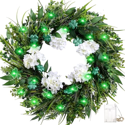 22" St. Patrick’s Day Wreath for Front Door, Green Shamrock & White Hydrangea Artificial Wreaths with LED Lights, Spring H...
