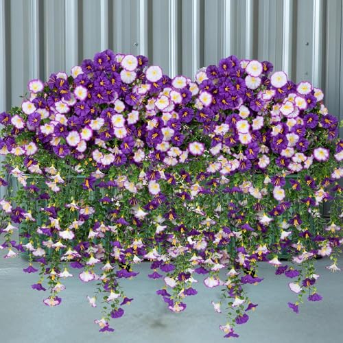 Lcuasc 2Pcs Outdoor Faux Hanging Flowers Artificial Morning Glory with Eucalyptus Leaves UV Resistant Look Real Fake Plant...