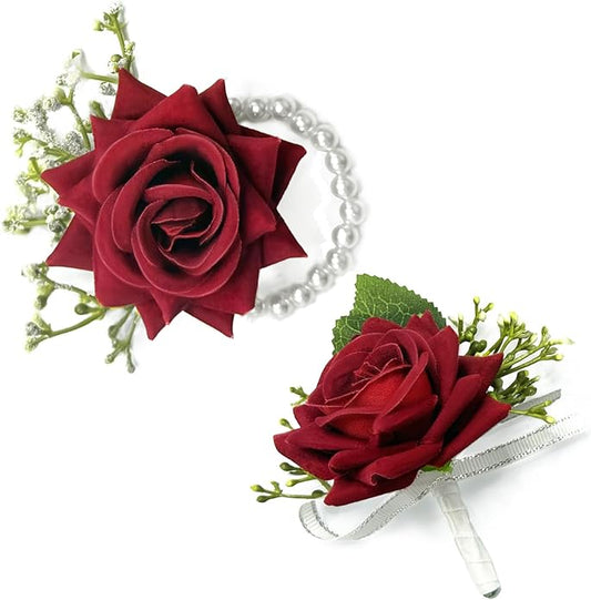 Pack of 2 Red Rose Wrist Corsage and Boutonniere Set for Men Women – Artificial Flowers with Pearl Bracelet and Boutonnier...