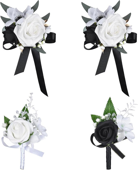 DearHouse Rose Wristband Corsage, Artificial Flowers for Wedding Bridesmaid Hand Flower Decor, 2 Pack (4, Black)