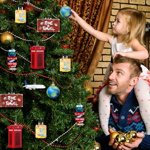 Vercraft 6 Pcs 3D Travel Christmas Tree Ornaments, Resin Globe Planet Airplane Suitcase World Sign Telephone Booth Handcra...
