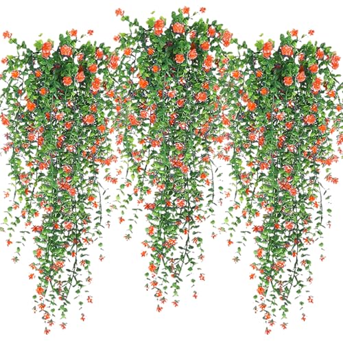 Artificial Hanging Flowers, 3 Pcs Fake Hanging Plants Decor, Artificial Vines for Outdoors, UV Resistant No Fade Artificia...