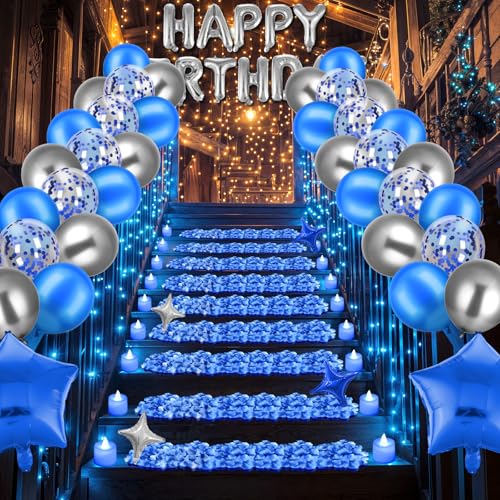 Blue Happy Birthday Balloons Banner Navy Blue Silver Birthday Balloons Letters with 6 Pcs Star Balloons Blue Artificial Ro...