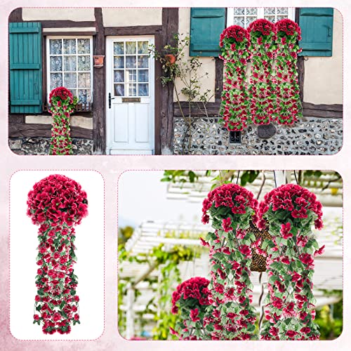 XunYee 4 Pack Violet Hanging Flowers Artificial Decor 5 Petal Silk Violet Simulation Hanging Plant Faux Royal Artificial O...