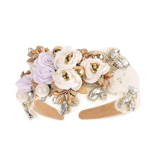 TURTLEDOVE Baroque Rhinestone Floral Headband, Chunky Flower Headband, Bohemian Wedding Hairband with Pearls and Crystals...