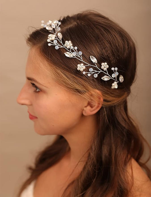 YERTTER Bridal Flower Pearl Headband Wedding Crystal Floral Headband Beads Opal Hair Band Crystal Vine Rhinestone Headband...