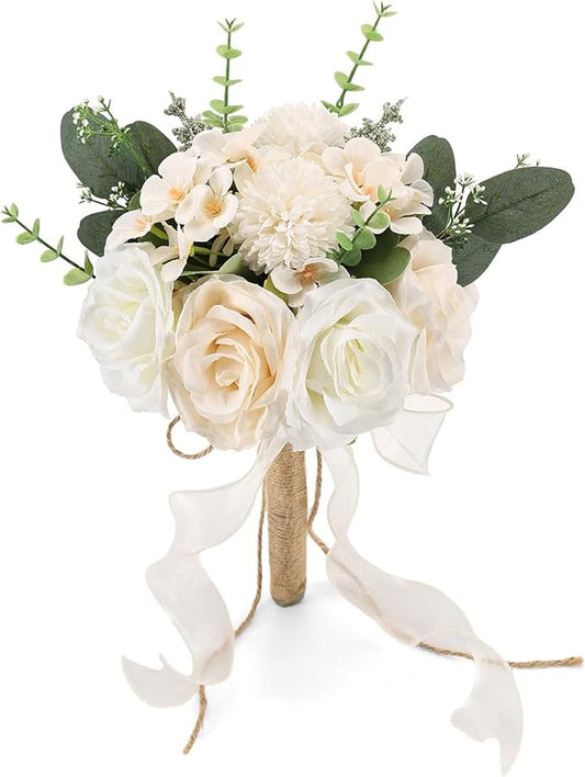 Vkkperp 9.5In Wedding Bouquets for Bride Bridesmaid, Champagne Roses White Artificial Flowers Toss Bouquet for Wedding Par...