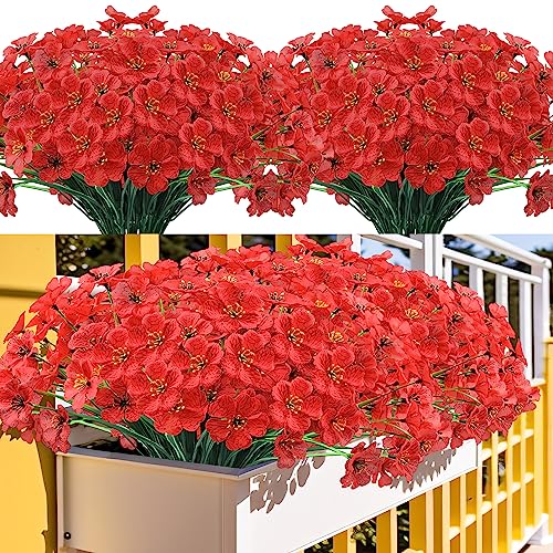 Kinisty 20 Bundles Outdoor Artificial Flowers UV Resistant with Red Faux Silk Flowers and No Fade Fake Plastic Plants for ...