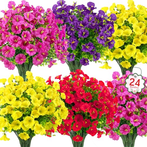 Ouddy Decor 24 Bundles Artificial Flowers for Outdoors Decoration Fake Silk Morning Glory Flowers Faux Eucalyptus Plants U...