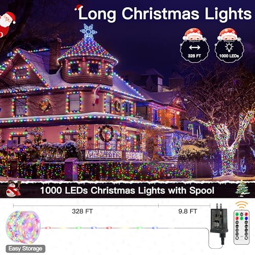 Ccinny Christmas Lights Outdoor 1000LED 328FT, Multicolor Fairy Lights IP67 Waterproof, Plug in String Light with Remote 8...