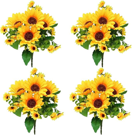 Amajoy 4 Bunches Artificial Sunflower Bouquet, Fake Silk Sunflower Flowers, Realistic Silk Sunflowers for Home Hotel DIY C...