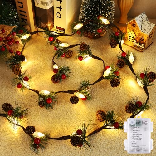 Christmas Garland with Lights,7FT Pinecones Christmas String Lights with Red Berries,Needles,20Led C6 Christmas Lights Bat...