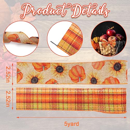 2 Rolls Fall Fabric Ribbons Thanksgiving Decor Ribbons Pumpkin Sunflowers Plaid Burlap Linen Ribbons for Thanksgiving Fall...