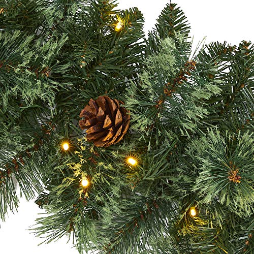 Nearly Natural 6ft White Mountain Pine Artificial Garland with 35 Warm White LED Lights and Pinecones, Includes Battery Box