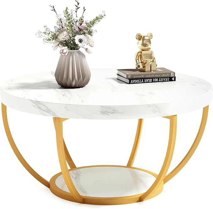 LITTLE TREE Round Coffee Table, 32" Circle Faux Marble Coffee Tables for Living Room, 2-Tier Golden Metal Legs Accent Cent...
