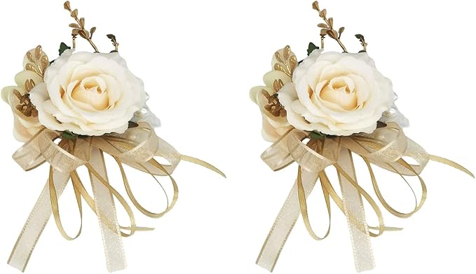 USIX 2pc Pack-Handmade Men's Lapel Pin Champagne Ivory Rose with Gold Leaves Ribbons Artificial Pearls Boutonniere Pin for...